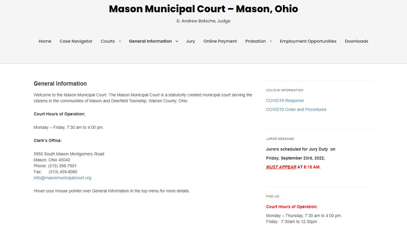 General Information – Mason Municipal Court – Mason, Ohio