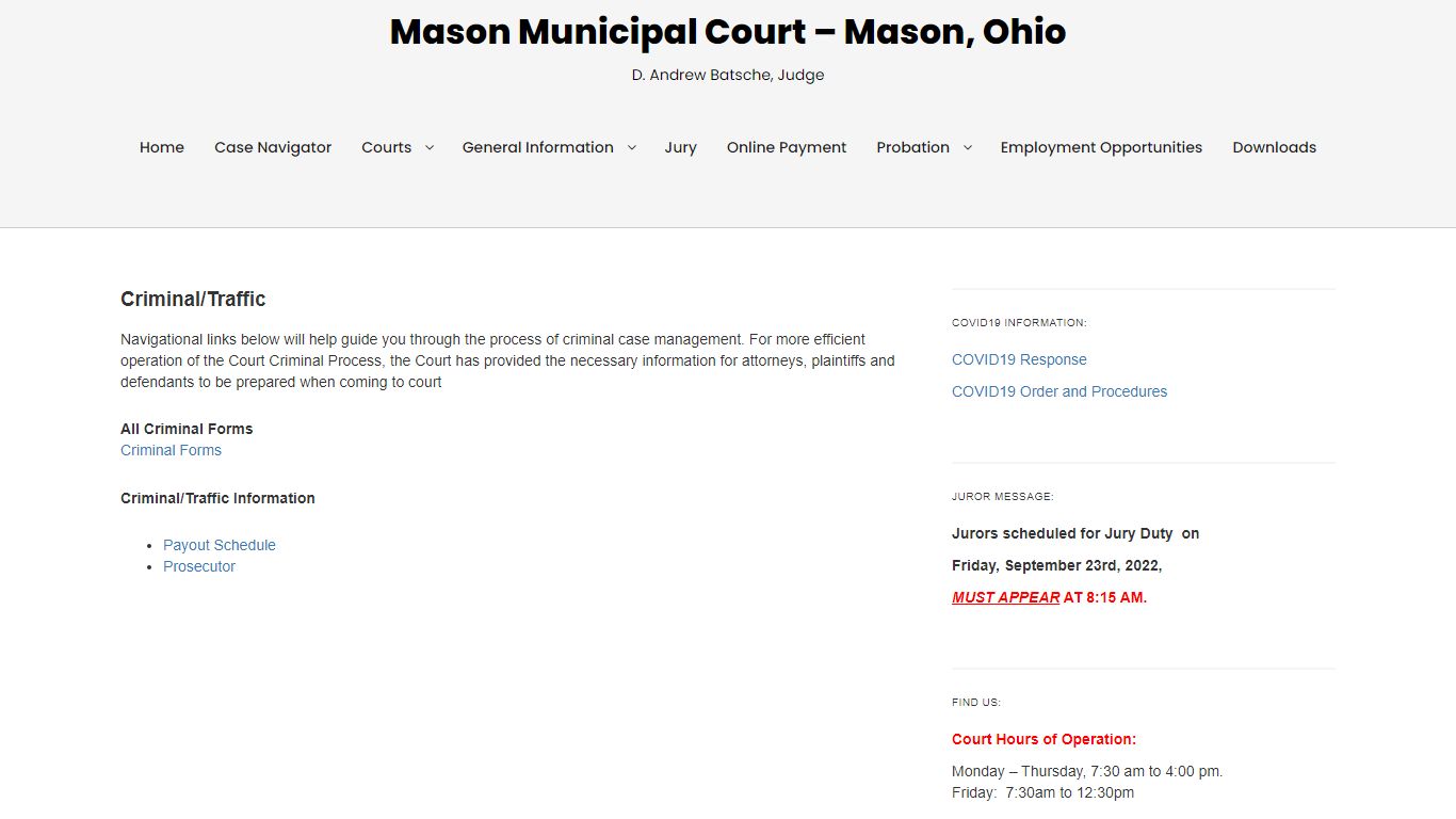 Criminal/Traffic – Mason Municipal Court – Mason, Ohio