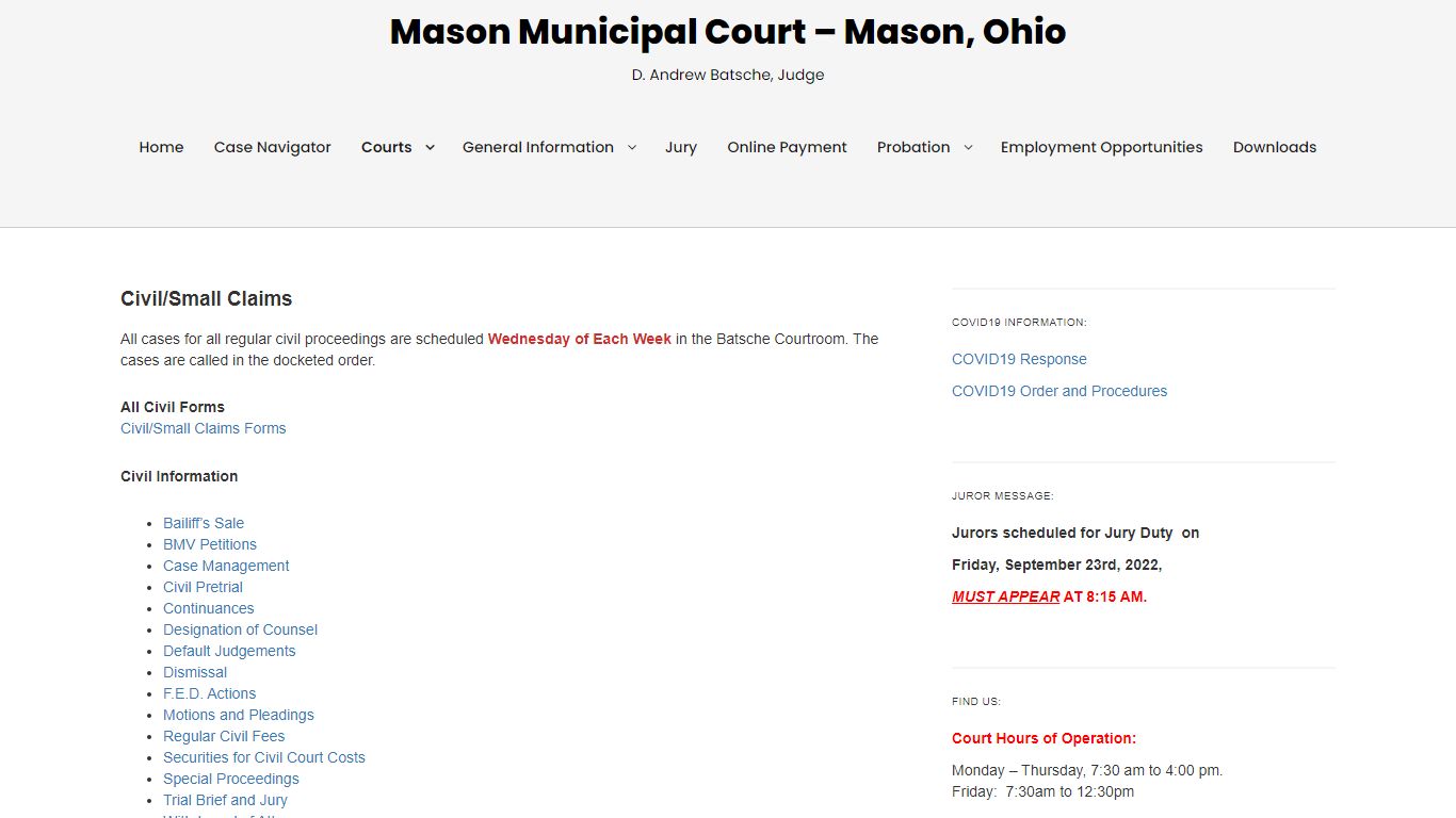 Civil/Small Claims – Mason Municipal Court – Mason, Ohio